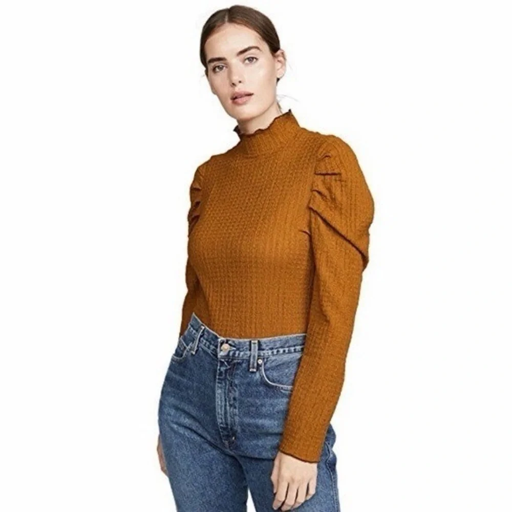 Free People Ela Mock Neck Top Puff Sleeve Terracotta Textured Knit Poetcore S